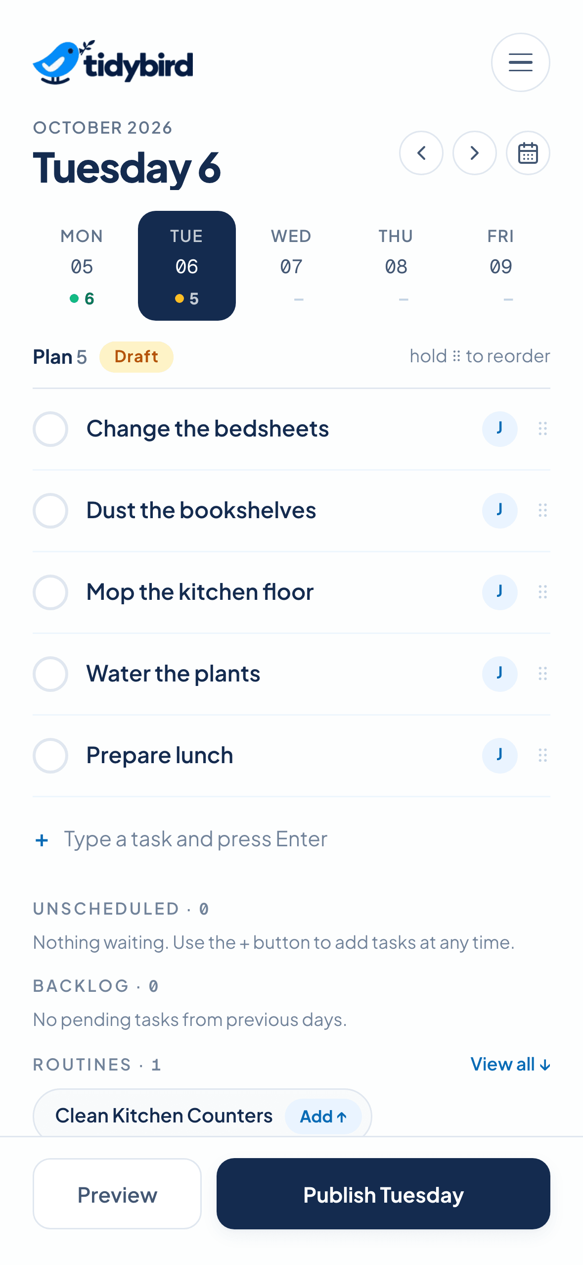 tidybird admin planner with a week view and prioritized tasks