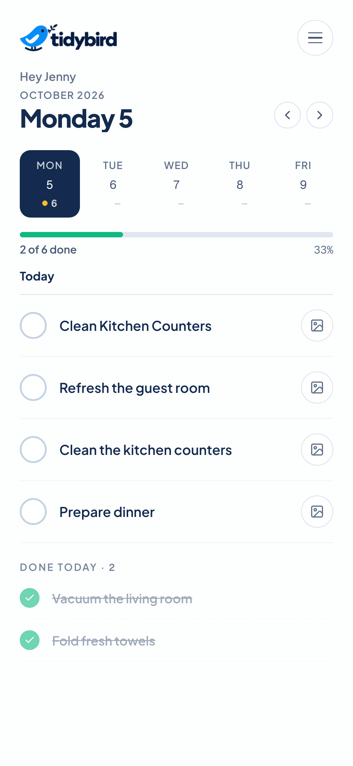tidybird housekeeper view with today's to-do list and progress