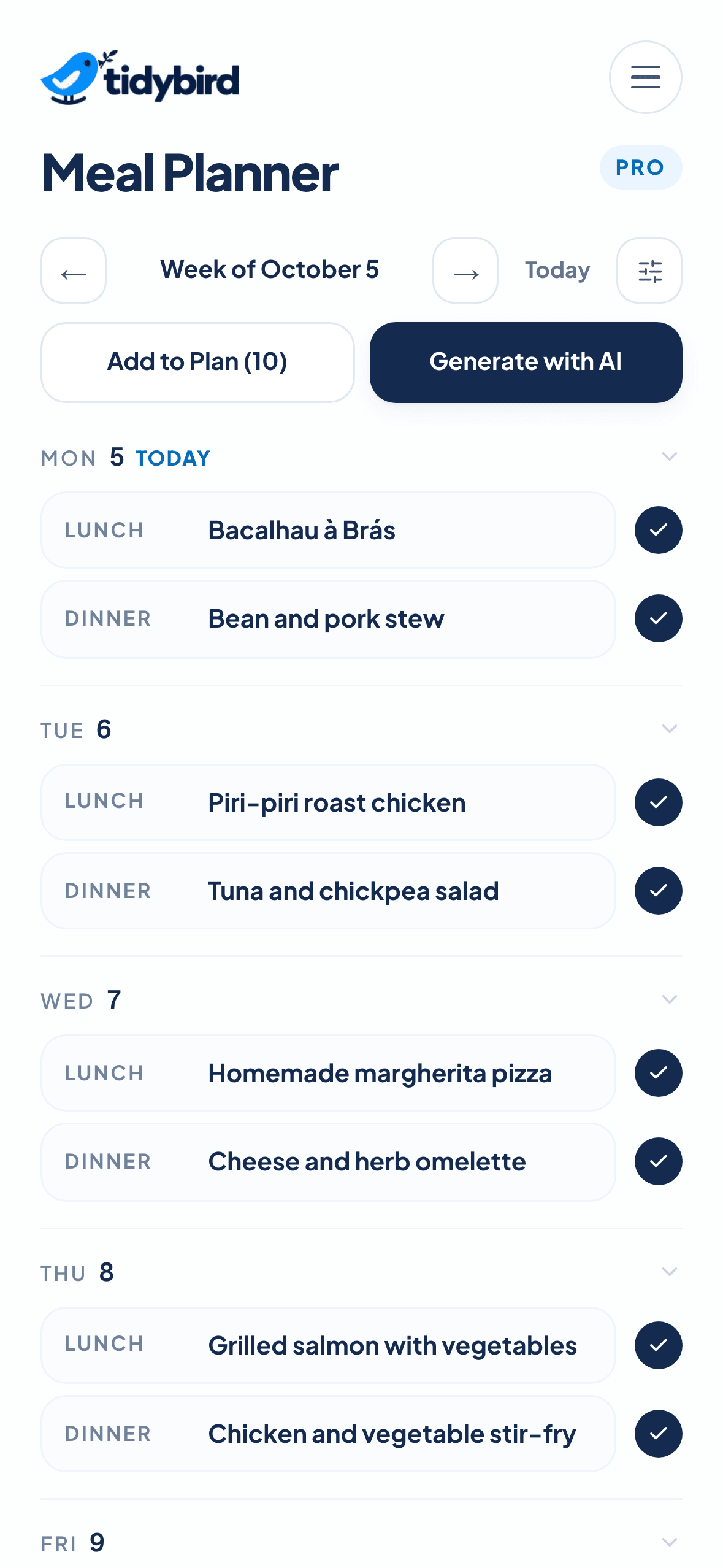 tidybird meal planner with a week of lunches and dinners and AI generation